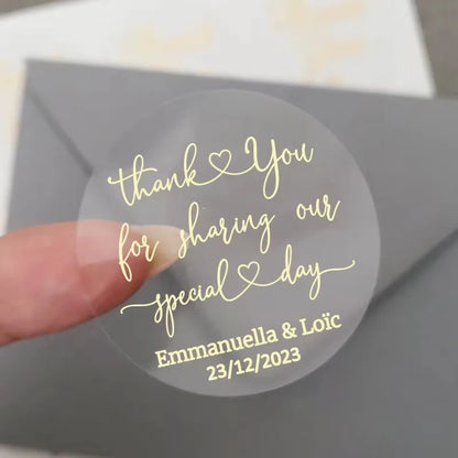 50pcs Custom Transparent Wedding Stickers, Square Transparent Stickers, Personalized Wedding Stickers with Gold Foil Labels