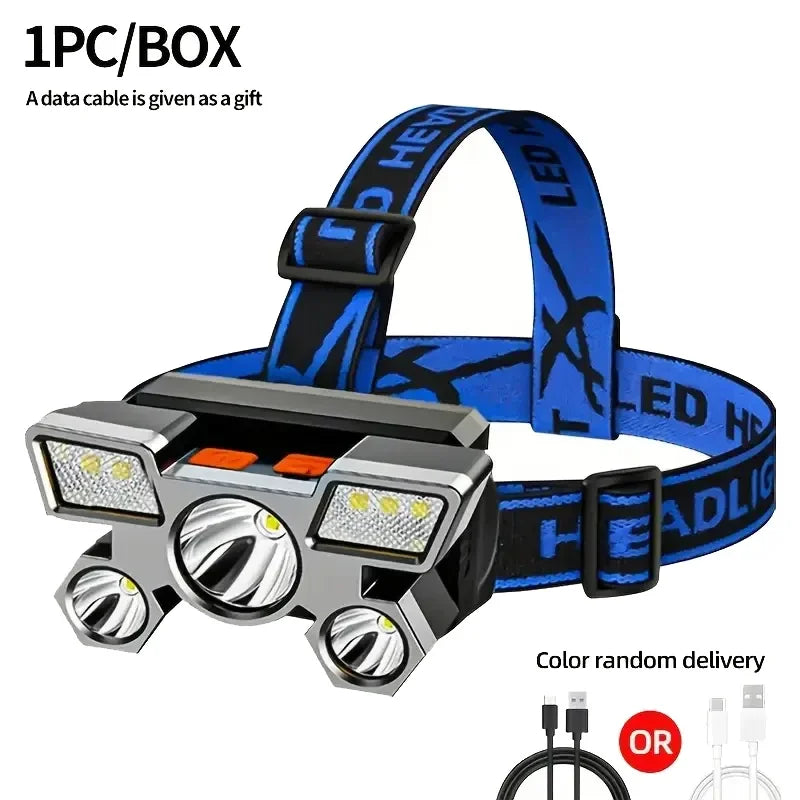 5*LED High Power Headlamp, Super Bright Rechargeable Fishing Camping Light, Long Distance Head Mounted Mining Lamp, Flashlight