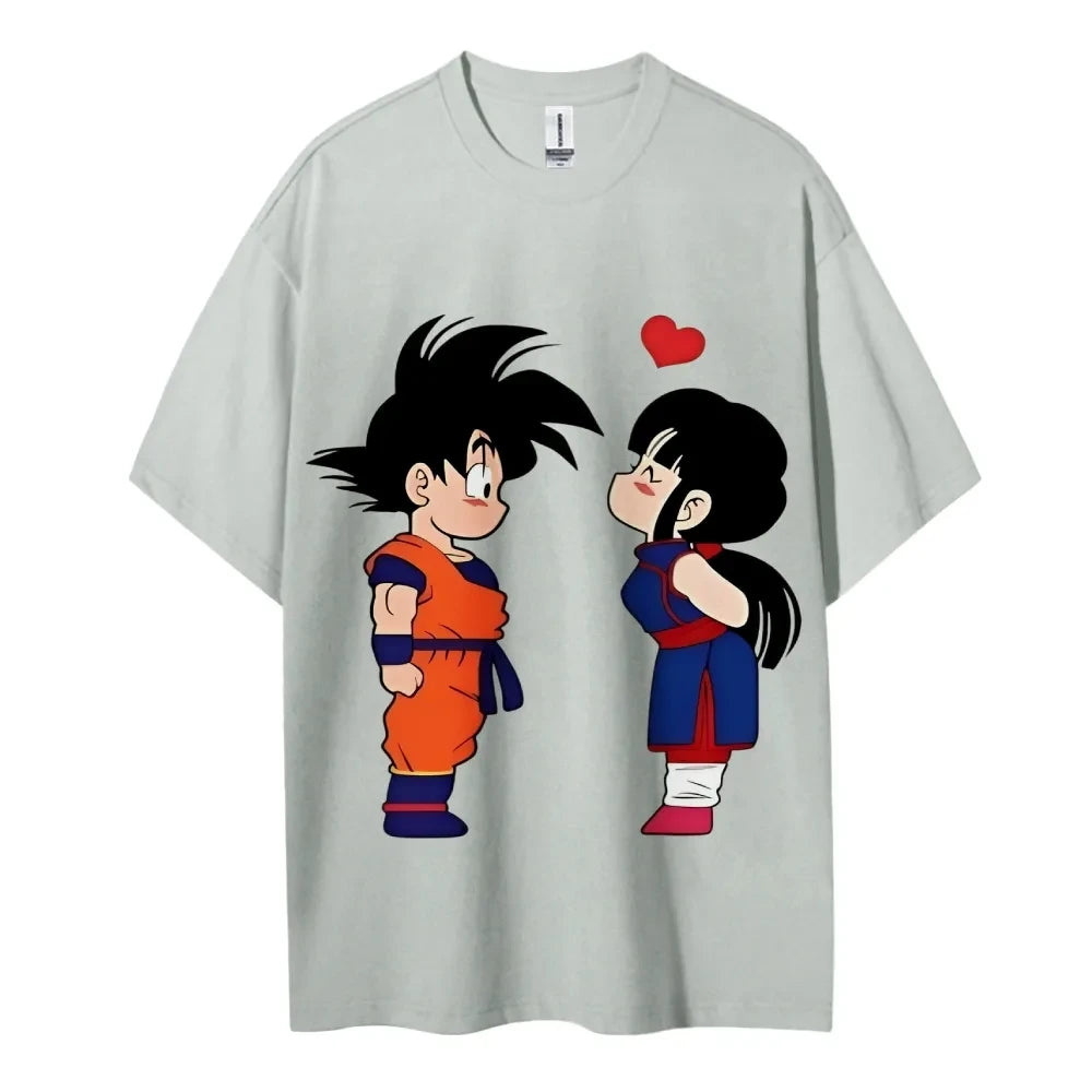 2026 Summer Dragon Ball Goku & Chichi Cute Couple Print Oversized Crew Neck T-Shirt 100% Cotton Casual Tops for Men Women Kids