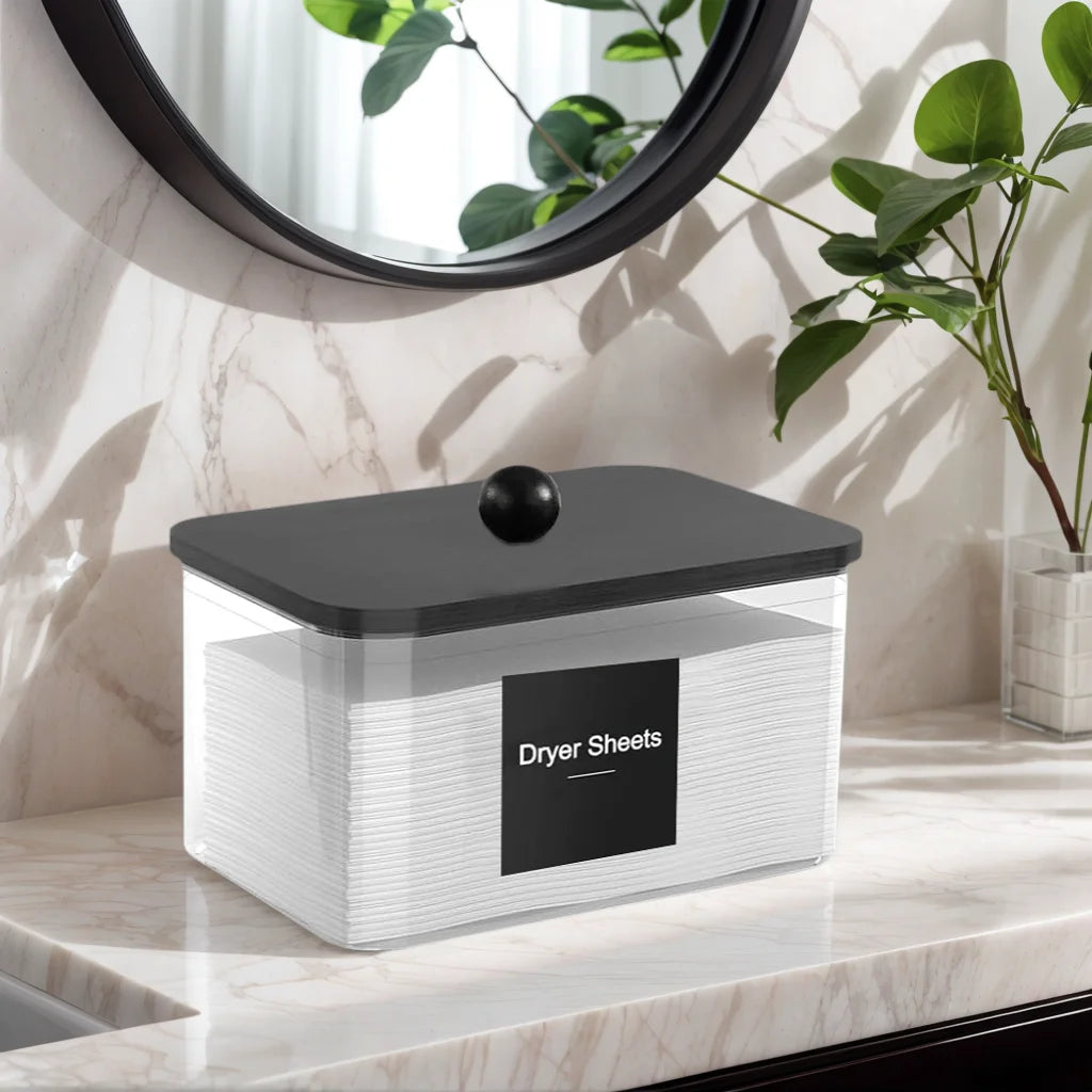 Clear Bathroom Storage Container Acrylic Dryer Sheet Holder with Lid Labels Fabric Softener Dispenser Laundry Room Organization