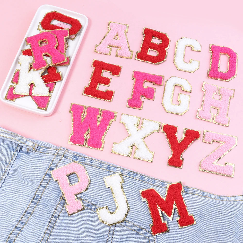 8pcs Sweet 26 Letters Towel Embroidery Patch Pink A-Z Self-adhesive Sticker Decoration For DIY Apparel Bag Crafts Accessories
