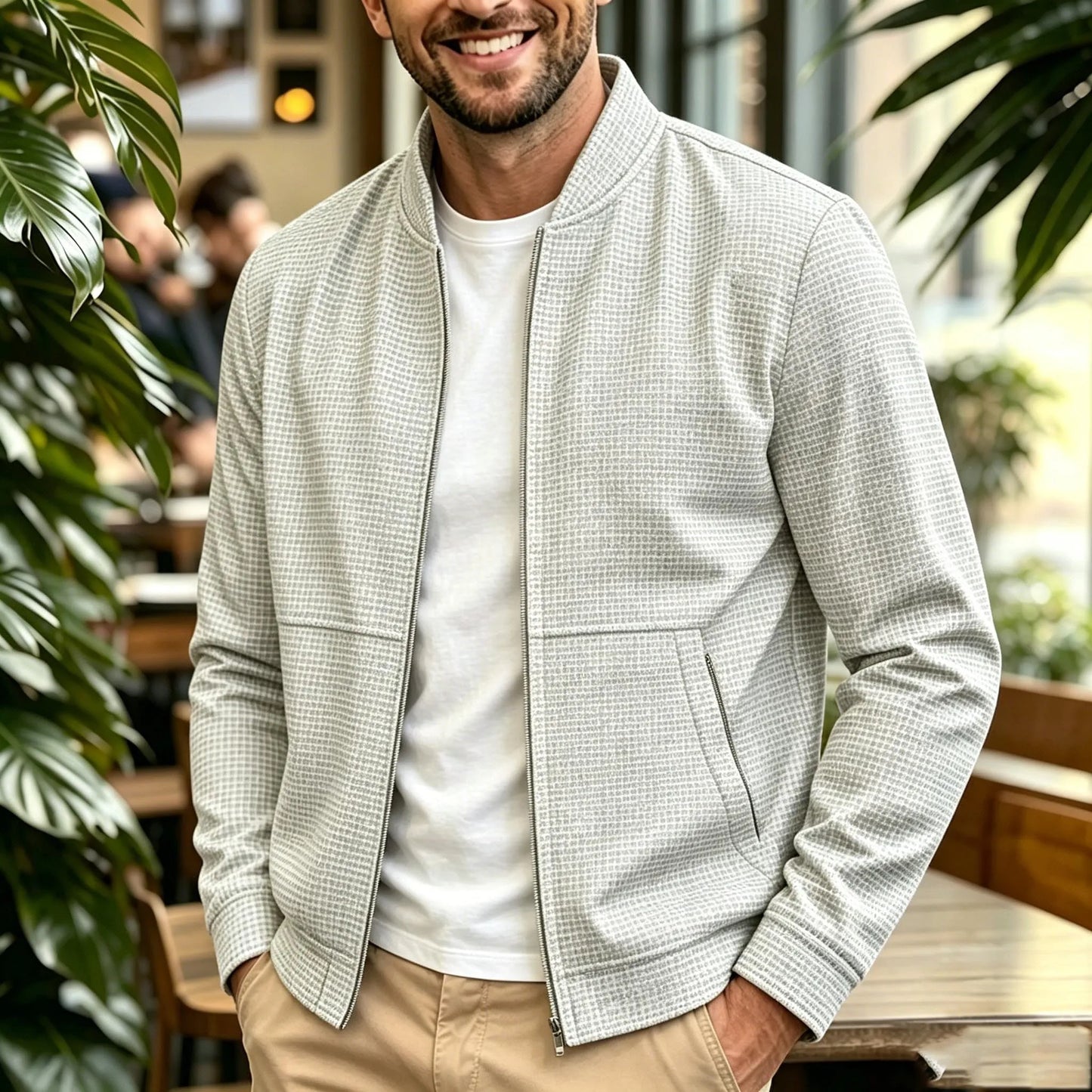 Men's Casual Bomber Jacket, Stand Collar Full Zip Outerwear with Pockets, Everyday Business Casual Wear