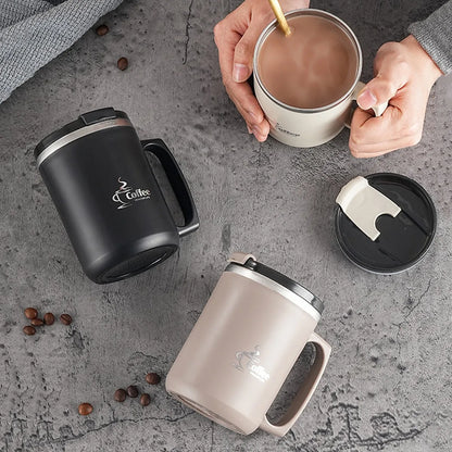 450ML Thermos Mug 304 Stainless Steel Double Wall Insulated Milk Coffee Cup With Handle & Lid Leak-proof Drinking Cup Drinkware