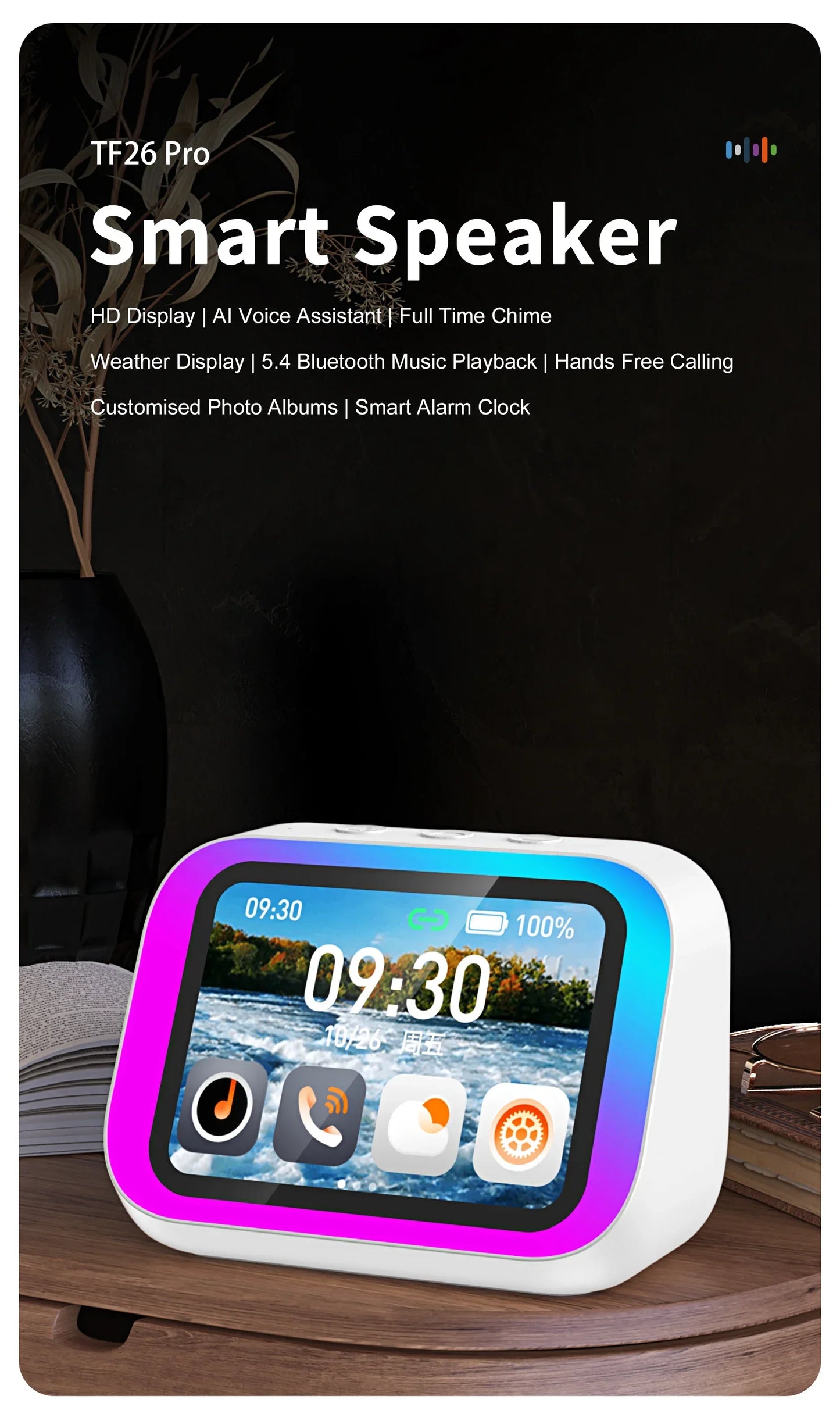 AI Smart Bluetooth 5.4 Speaker HD Touch Screen Display Electronic Album Alarm Clock Hi-fi Stereo Sound Voice Speaking Assistant