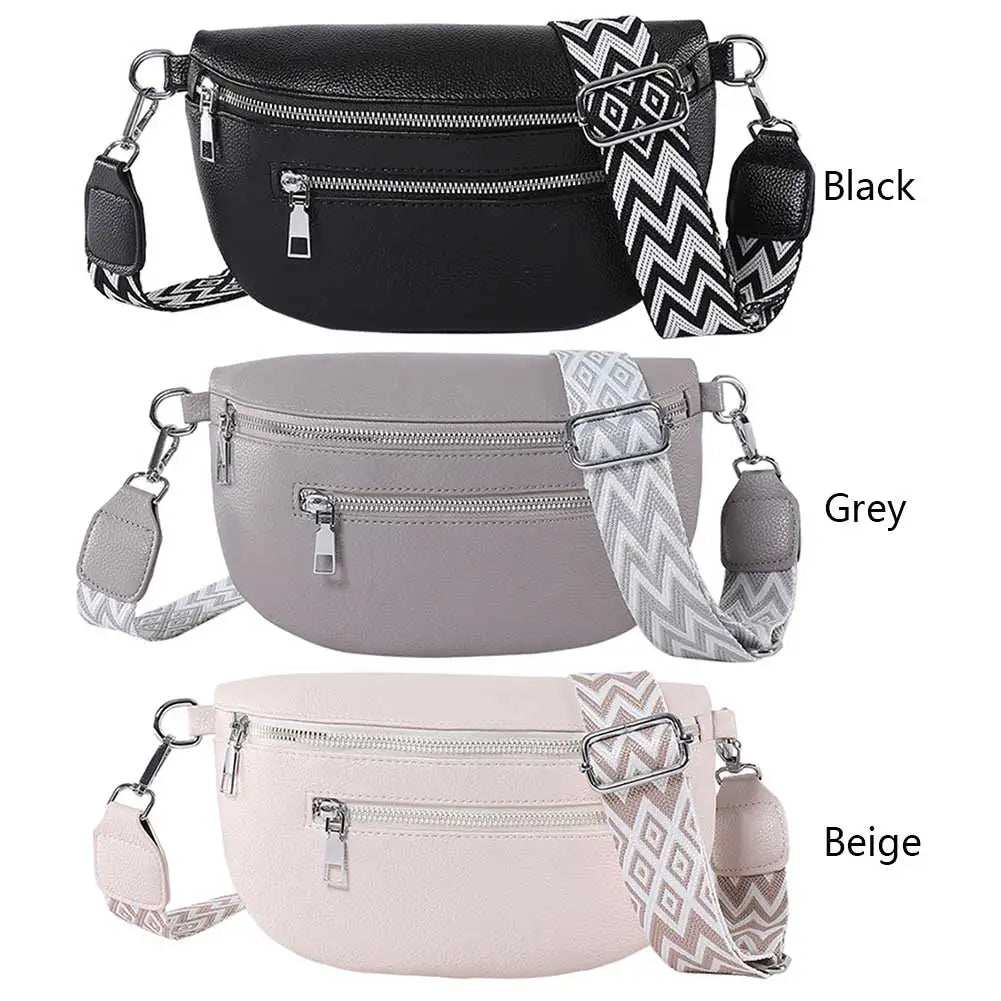 2024 Luxury Designer Women's Chest Bag PU Leather Wide Strap Shoulder Crossbody Bag Female Fashion Fanny Pack Banana Waist Bag