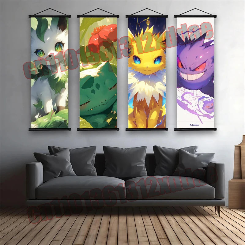 Pokemon Anime, Bulbasaur, Charizard, Eevee, Pikachu, Print Art White Canvas Scroll Painting Modern Room Decor Wall Art Painting