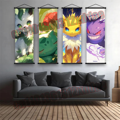 Pokemon Anime, Bulbasaur, Charizard, Eevee, Pikachu, Print Art White Canvas Scroll Painting Modern Room Decor Wall Art Painting