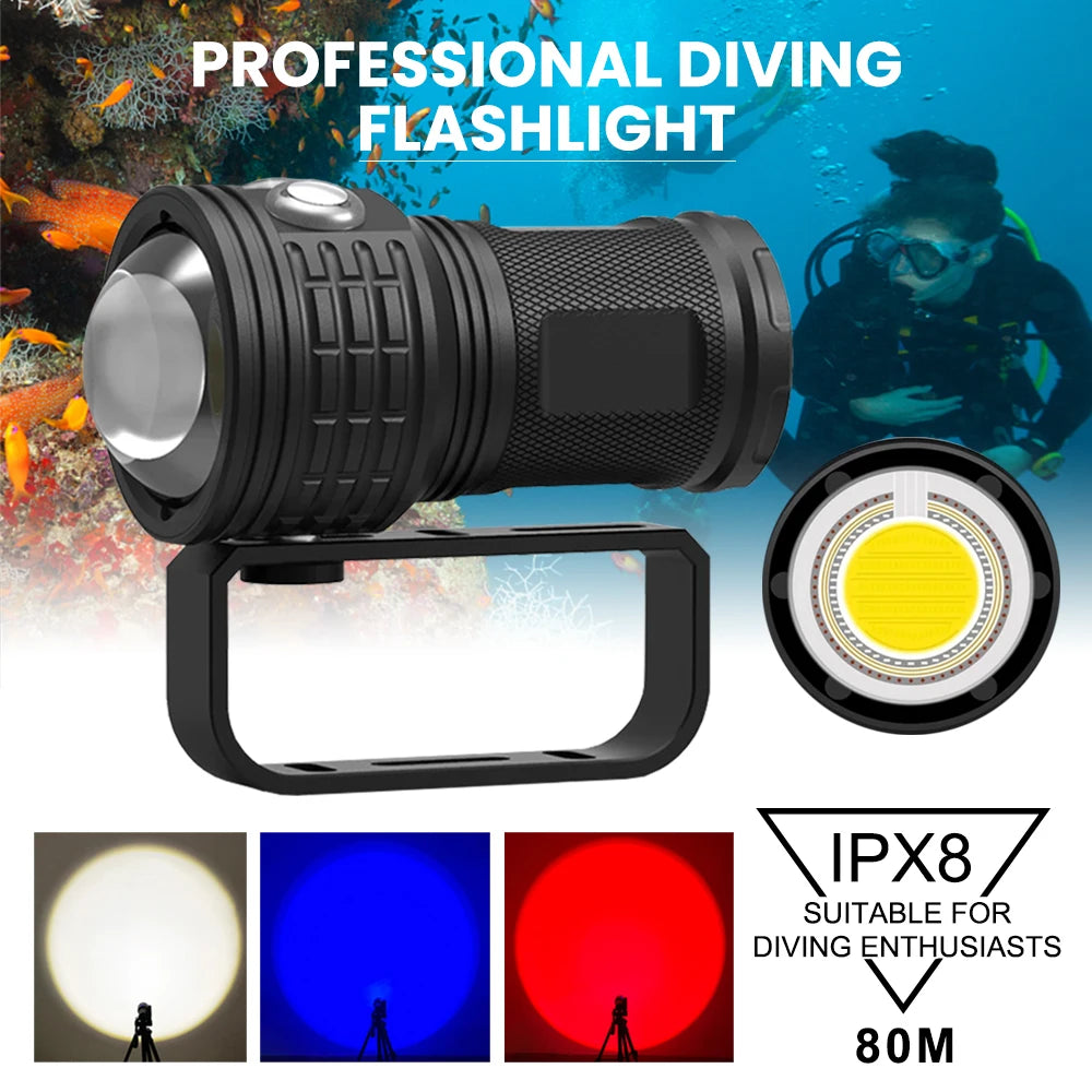 Asafee DRC01 COB LED 6000LM 80M Underwater Diving Flashlight White Red Blue 80° Light 500M Range Torch IPX8 Waterproof Lantern