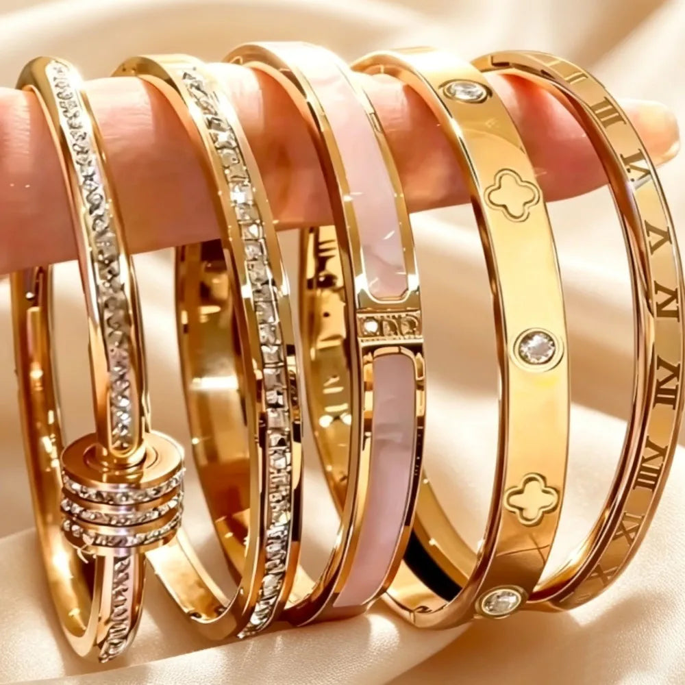 5pcs/Set Minimalist Elegant Luxury Sparkling Bangle Bracelets High-End Titanium Steel Bracelets For Women