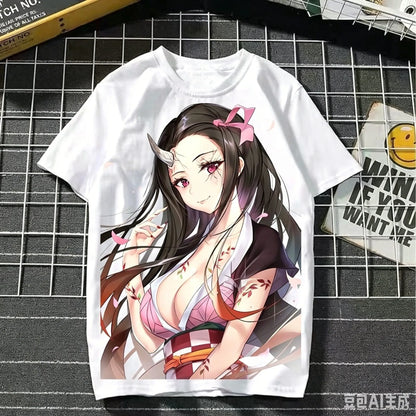 2026 Summer Demon Slayer Nezuko Cherry Blossom Butterfly Print Cotton T-Shirt Adult Kids Casual Loose Breathable Anime Tops Y2k