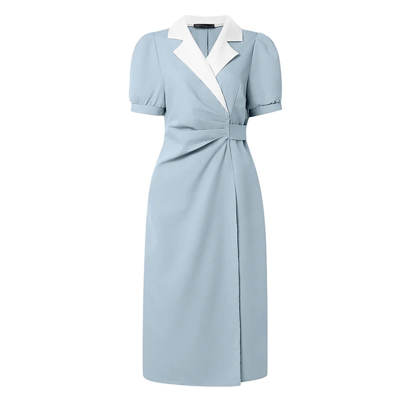 ZANZEA Elegant vColor-Blocked Bodycon A-Line Midi Dress Lapel Collar Short Puff Sleeves Ruched Waist Office Work Vestidos