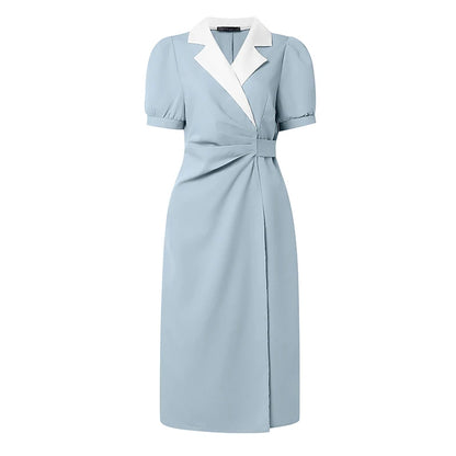 ZANZEA Elegant vColor-Blocked Bodycon A-Line Midi Dress Lapel Collar Short Puff Sleeves Ruched Waist Office Work Vestidos
