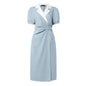 ZANZEA Elegant vColor-Blocked Bodycon A-Line Midi Dress Lapel Collar Short Puff Sleeves Ruched Waist Office Work Vestidos