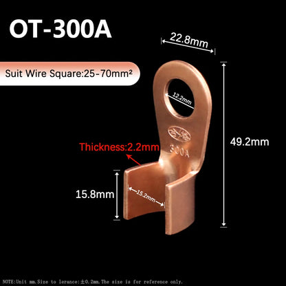 OT Series Wire Terminals 100A 150A 200A 250A 300A 400A 500A Red Copper Bare Nose Lugs Crimp Open Mouth Cable Connector Splice