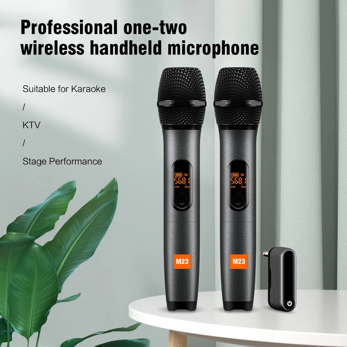 M23 UHF 2 Channel Wireless Microphone System with Rechargeable Receiver Cordless Handheld Mic for Karaoke Church Party DJ