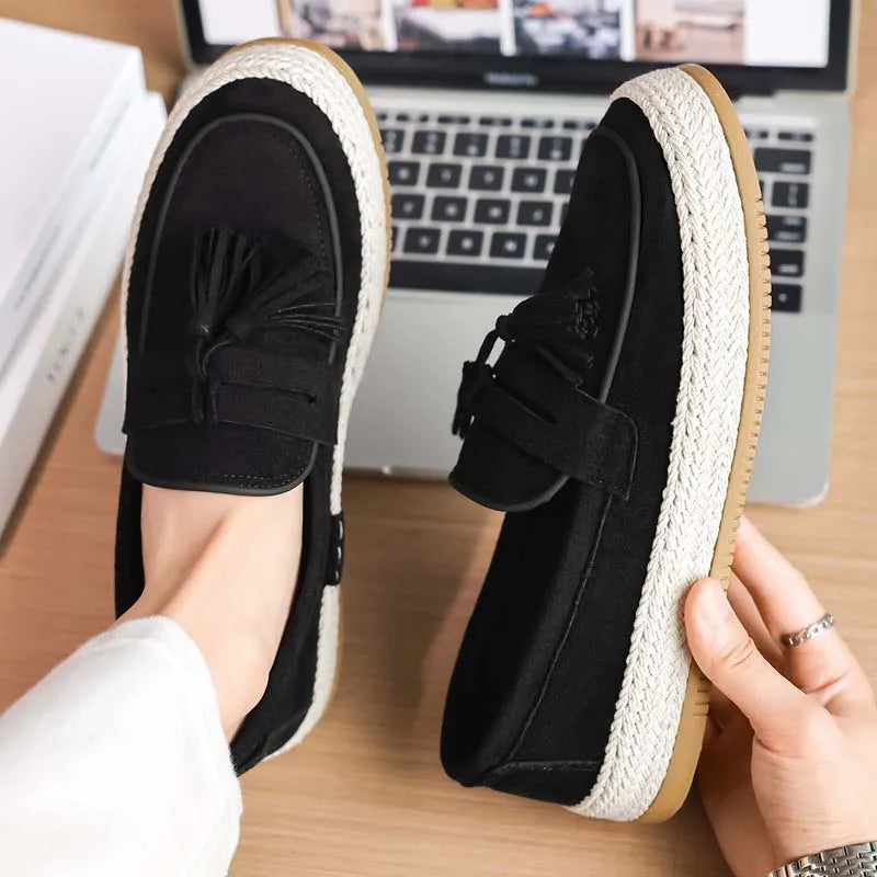 Men Slip On Tassel Loafers, Spliced Fabric Espadrille Shoes Woven Hemp Thick Flat Sole For Daily Driving Street Casual Wear