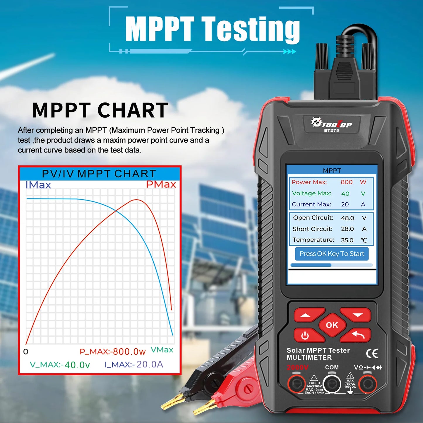 TOOLTOP 2000W Solar MPPT Power Tester 3.2 Inches 2KV 60000 Counts Multimeter Photovoltaic Solar Power Meter Pmax Voc Isc Test