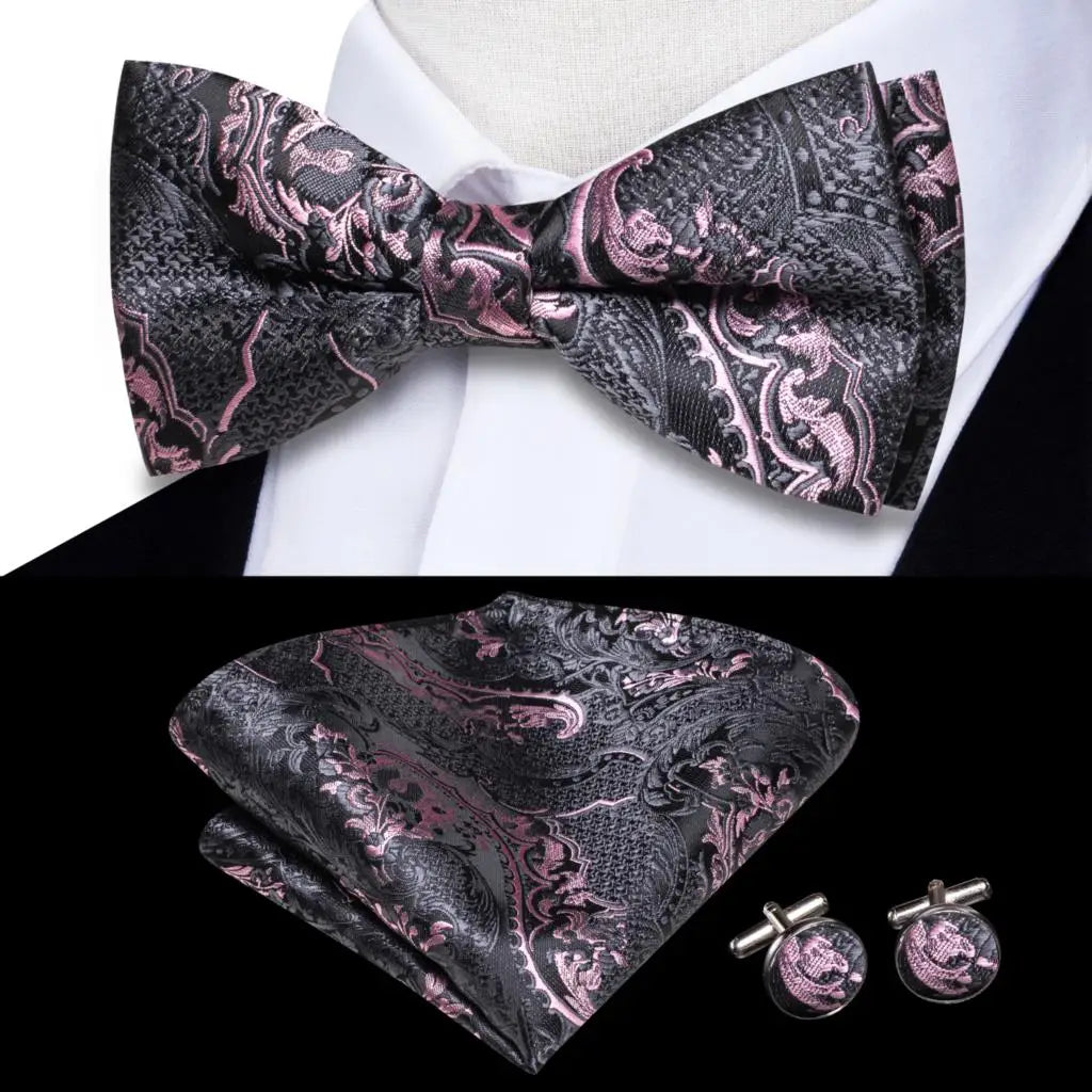 Hi-Tie Mens Bow Tie Hanky Cufflinks Set White Black Gray Silver Pre-tied Butterfly Knot Bowtie for Male Wedding silk Business