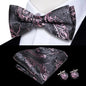 Hi-Tie Mens Bow Tie Hanky Cufflinks Set White Black Gray Silver Pre-tied Butterfly Knot Bowtie for Male Wedding silk Business