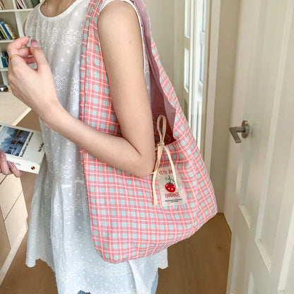 Cartoon Tomato Standard Plaid Vest Bag Large-Capacity Student Class Double-sided Backpack Fashionable Versatile Shoulder Bag