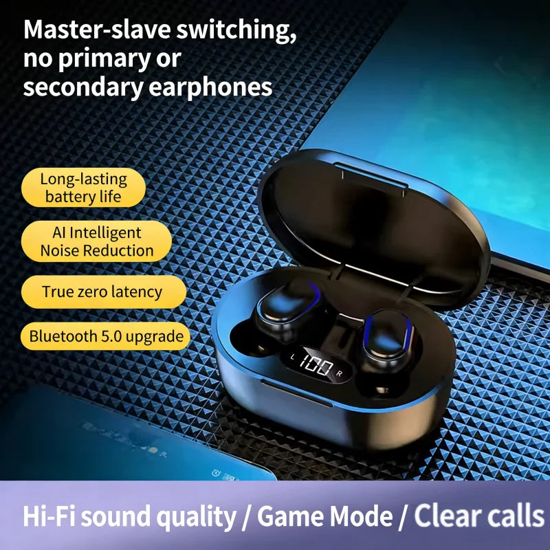 E6S Bluetooth 5.3 TWS Earbuds Noise Cancelling Wireless Headphones, HD Mic, Deep Bass, One-Step Pairing for Gaming & Calls
