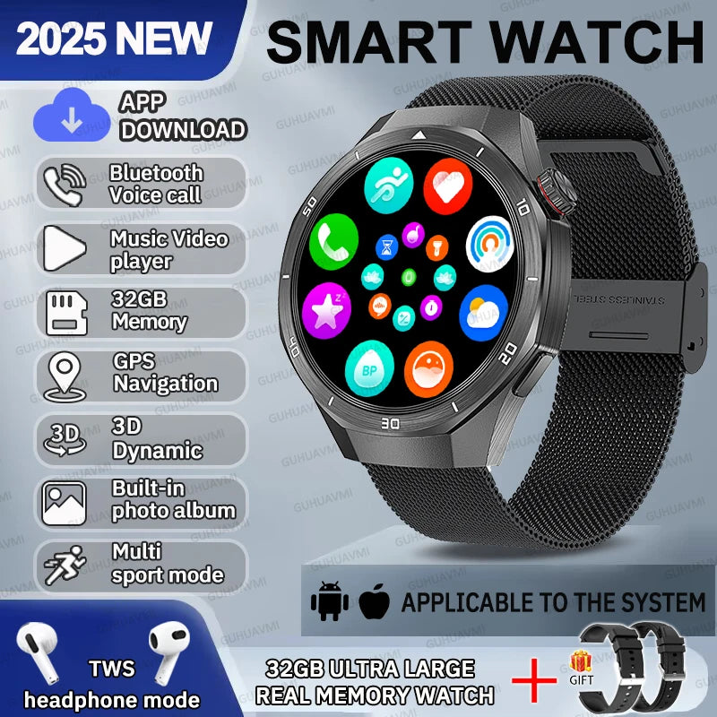 2025 NEW Fashion Men 32GB Big Memory SmartWatch APP Download TWS 3D Menu GPS Navigation Video Play Motion HD Call Watch GUHUAVMI