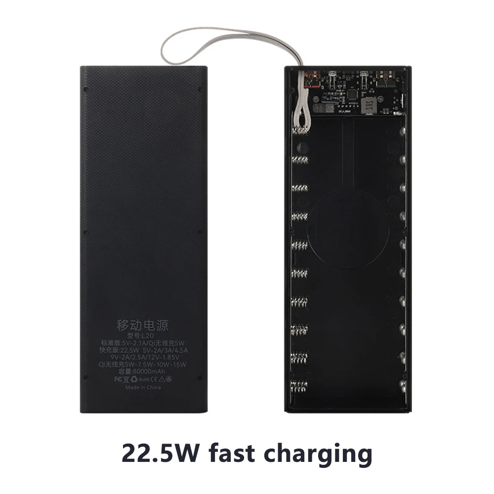20*18650 Detachable Power Bank Case 22.5W PD QC3.0 Quick Wireless Charging DIY Shell With LED Lighting 18650 Battery Storage Box