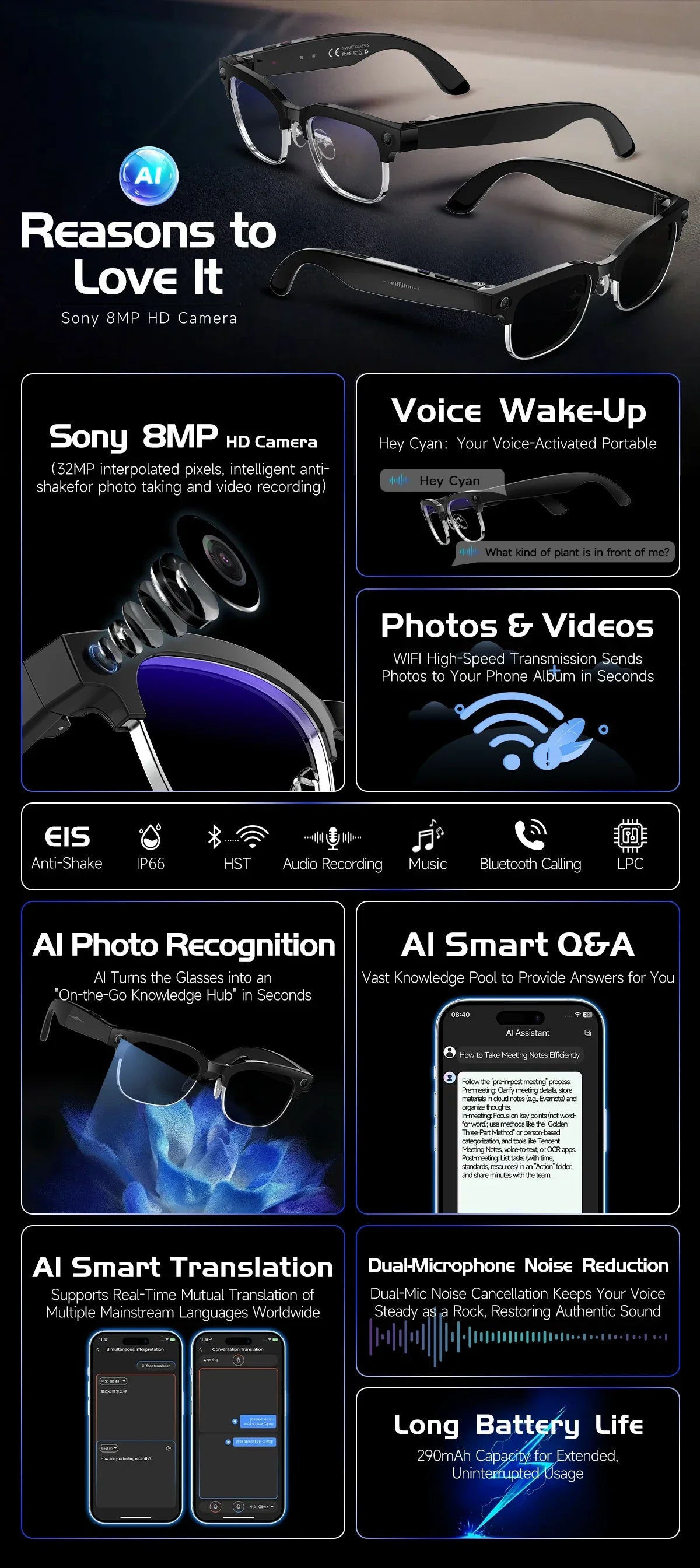 New AI Smart Glasses, 800W Camera Video Recording, AI Photo Recognition, Bluetooth Call & Voice Translation Eyewear