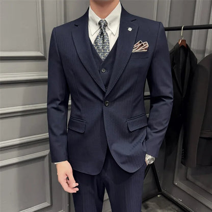 Men Suit Outfit Simple Solid Turn Down Collar Blazer Man Single-breasted Vest Straight-leg Pant Male Slim Wedding 3-piece Set