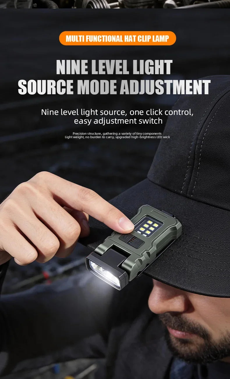 Portable LED Work Light Clip On Hat Light, Mini USB Rechargeable EDC Flashlight for Fishing Home Emergency Camping Headlamp