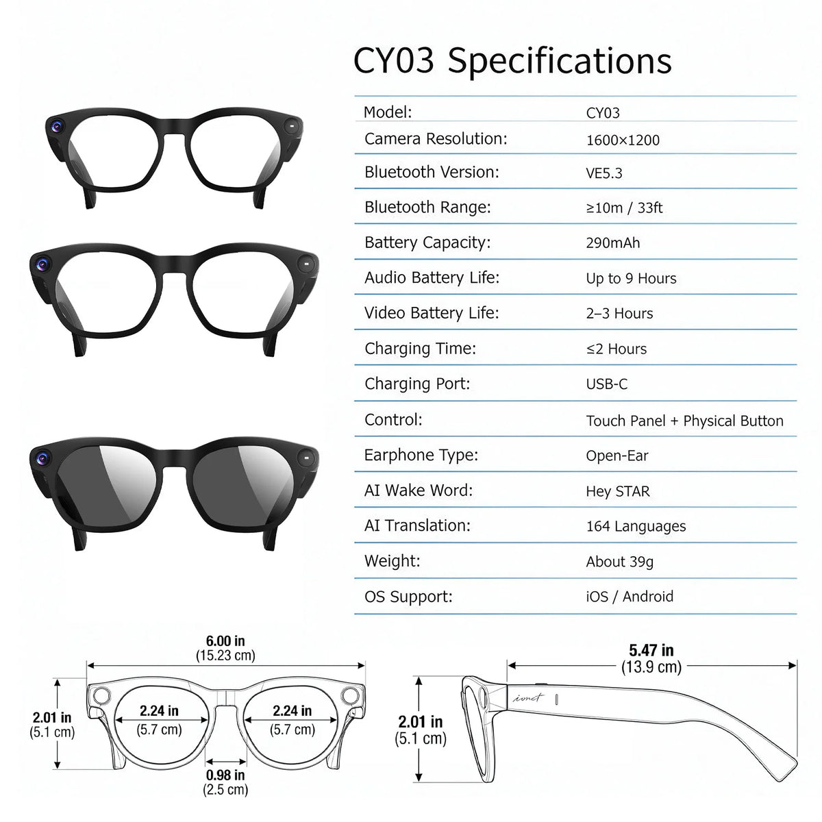 CY03 AI Smart Glasses with Camera 1600x1200 Video Recording Open-Ear Bluetooth 5.3 Headphones Real-time Translation Touch Contro
