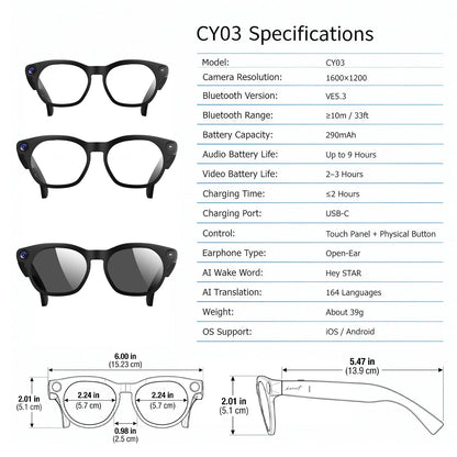 CY03 AI Smart Glasses with Camera 1600x1200 Video Recording Open-Ear Bluetooth 5.3 Headphones Real-time Translation Touch Contro