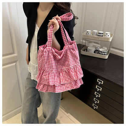 Cute Plaid Cotton Tote Bag Large Capaci Lace Trim Women's Summer 2026 Simple Lady Handbag Soft Shoulder Bags Bolsa Feminina