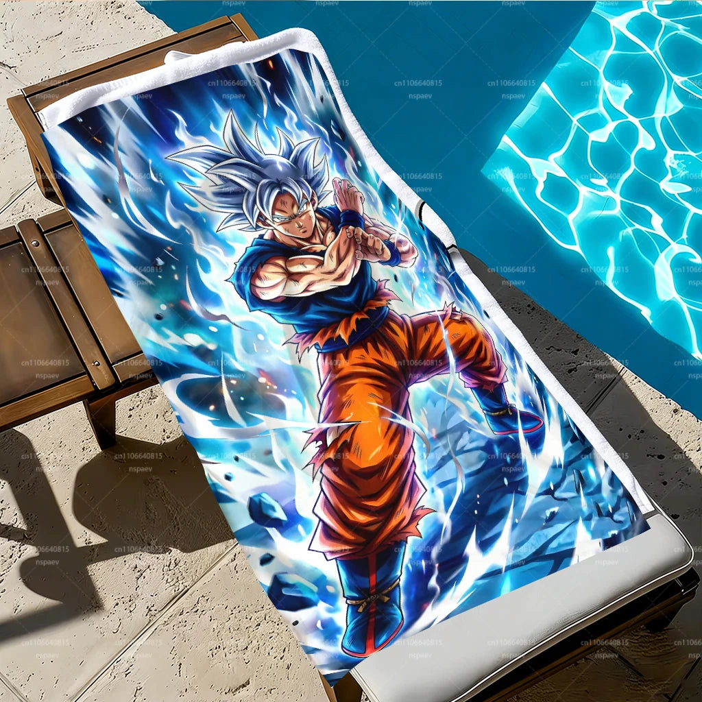 Dragon Ball Ultra Instinct Goku Beach Towel, Blue Ice Flame Anime Microfiber Quick Dry Absorbent Swim Towel for Fans