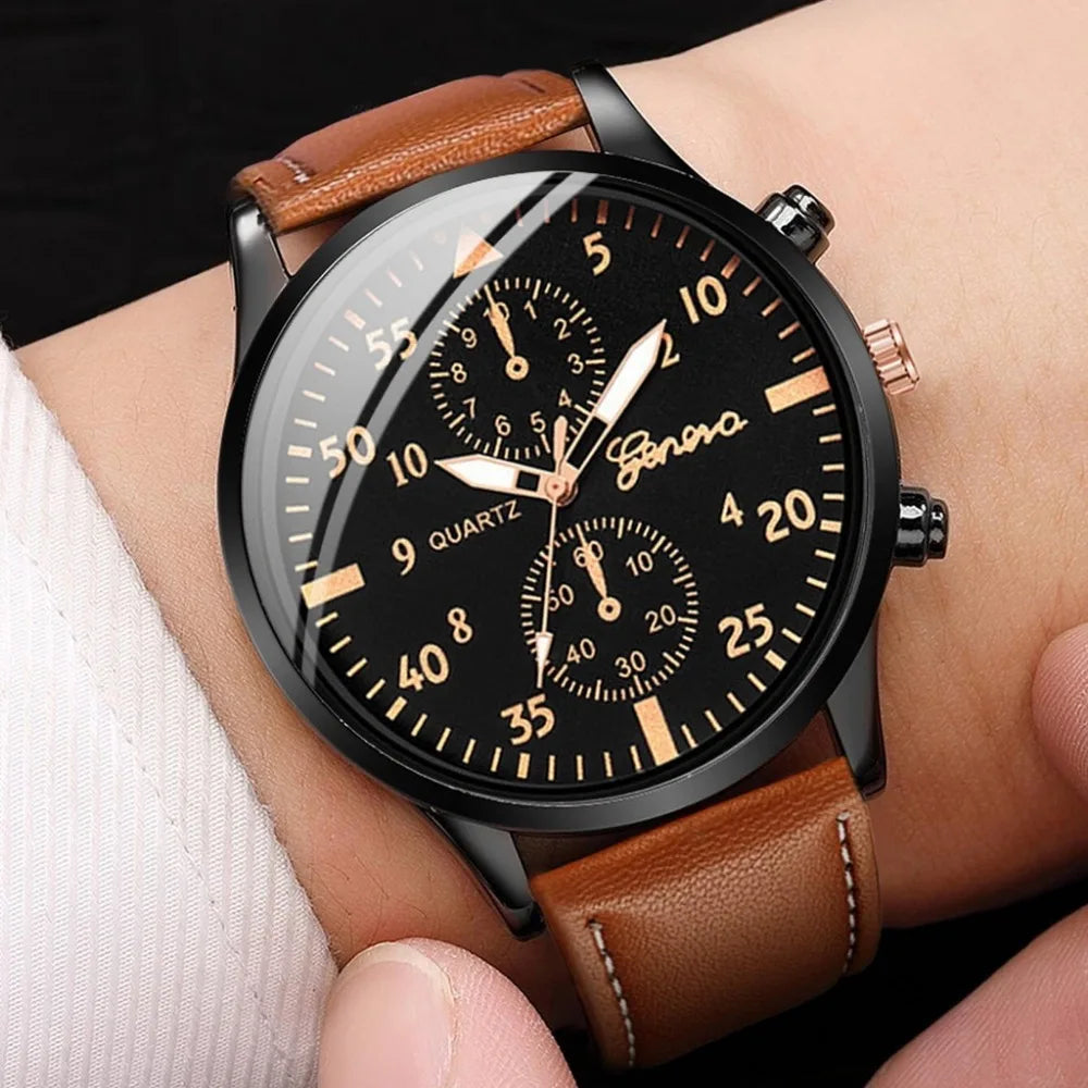 3PCS Fashion Men Business Watches Set Trend Versatile Retro Leather Strap Round Dial Quartz Watch Reloj Hombre（Without Box）