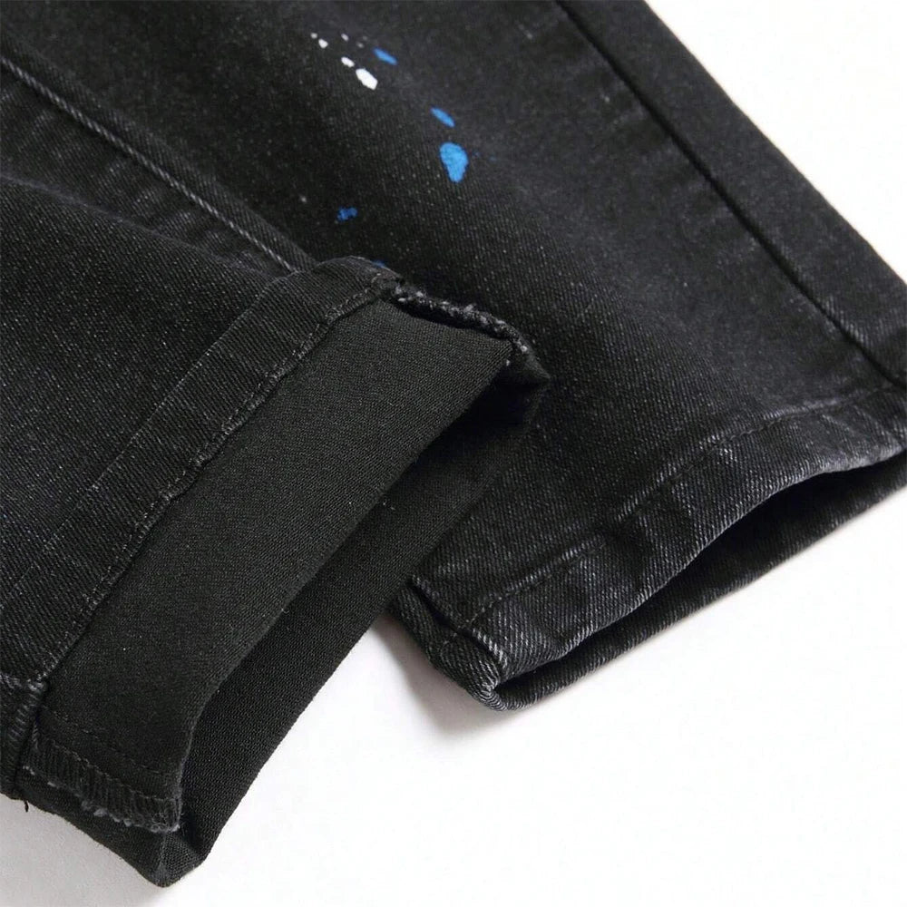 Men's Y2K Fashion Ripped Patchwork Hole Straight Black Jeans Slim Fit Stretchy Skinny Denim Pants Casual Hip Hop Brand Trousers