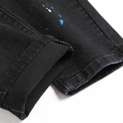 Men's Y2K Fashion Ripped Patchwork Hole Straight Black Jeans Slim Fit Stretchy Skinny Denim Pants Casual Hip Hop Brand Trousers