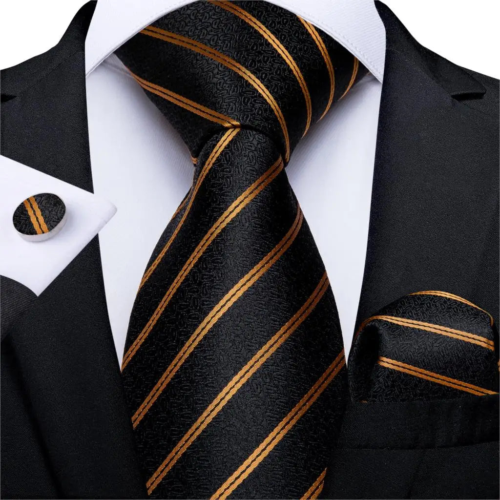 Fashion Men Tie Luxury Gold Black Dot Striped Paisley Silk Wedding Tie For Men DiBanGu Designer Hanky Cufflinks Gift Tie Set