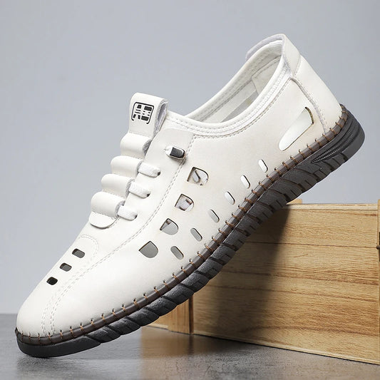 Men's Comfortable Breathable Business Hollow Loafers Slip-On Soft Bottom Sandals Easy Wear Hole Hole Shoes-HT2273