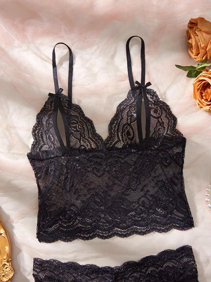 Women Black Open-Back Lace Two-Piece Panties Underwear Sleep Set