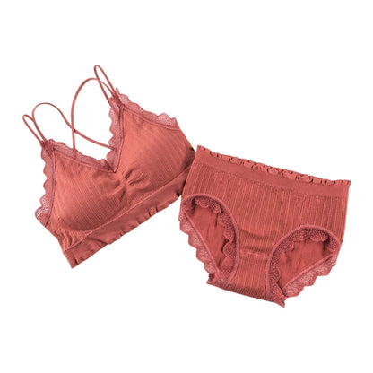 1Set Casual Lace Women Seamless Bra Set V-Neck Breathable Underwear Set Comfortable with Bra Pads Lingerie Set