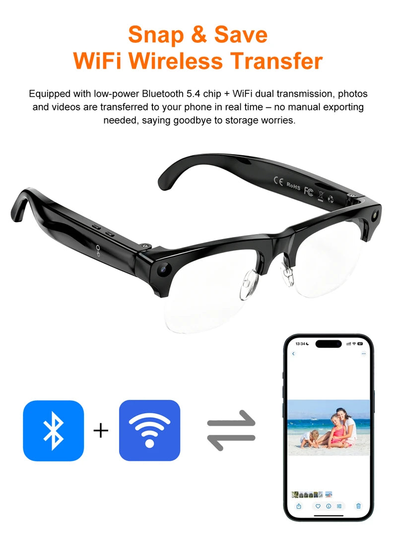Semi-frame 1200W Pixel Camera Glasses with AI Voice Translation Smart Bluetooth Features Includes 3 Lense Travel Office