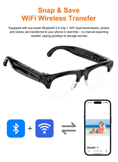 Semi-frame 1200W Pixel Camera Glasses with AI Voice Translation Smart Bluetooth Features Includes 3 Lense Travel Office