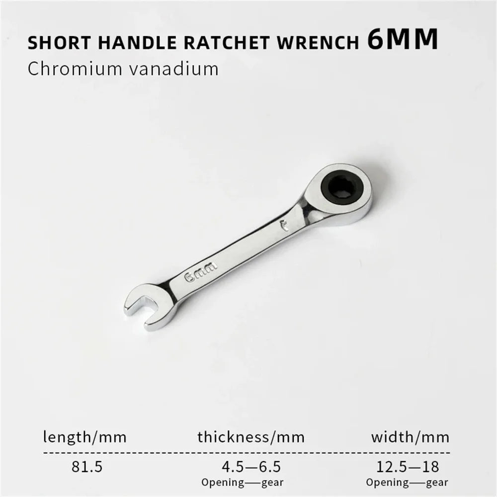 1Set 6mm-19mm Reversible Combination Stubby Single Wrench Stubby Combination 72 Tooth Ratchet Socket Spanner Nut Repair Tools