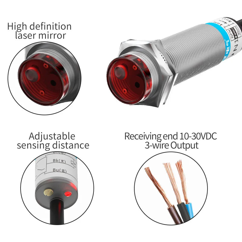 GTRIC Laser Photoelectric Sensor Retro-reflective M12 Series 10-30V NPN PNP Visible Spot 2mm Sensing Distance 6M Adjustable