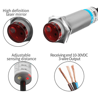 GTRIC Laser Photoelectric Sensor Retro-reflective M12 Series 10-30V NPN PNP Visible Spot 2mm Sensing Distance 6M Adjustable