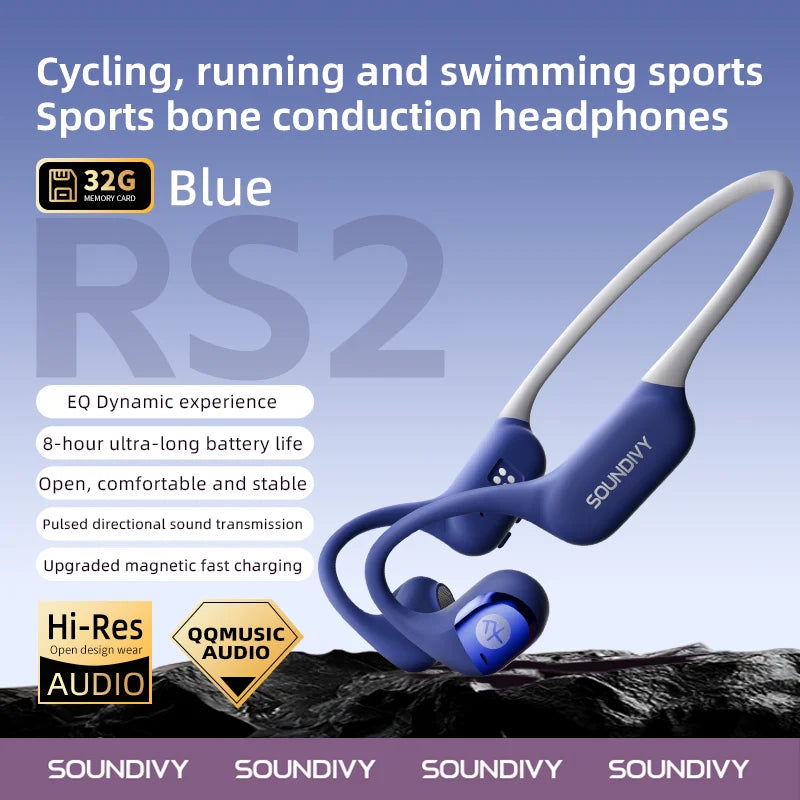 Słuchawki douszne douszne SOUNDITY RS2 z przewodnictwem kostnym, 32 GB pamięci, IPX6, odporne na pot, do biegania i jazdy na rowerze