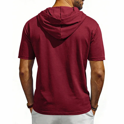 Summer Men's Short Sleeve Hooded T-Shirt Henry Neckline Drawstring Design Casual Loose Breathable Sporty Vest