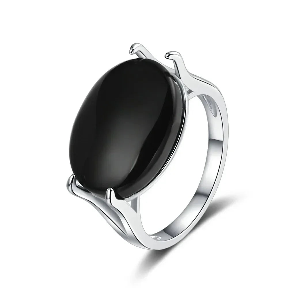 S925 Sterling Silver Natural Large Black Agate Stone Ring 13*18mm Oval Shape Vintage Black Rings Fine Jewelry For Men