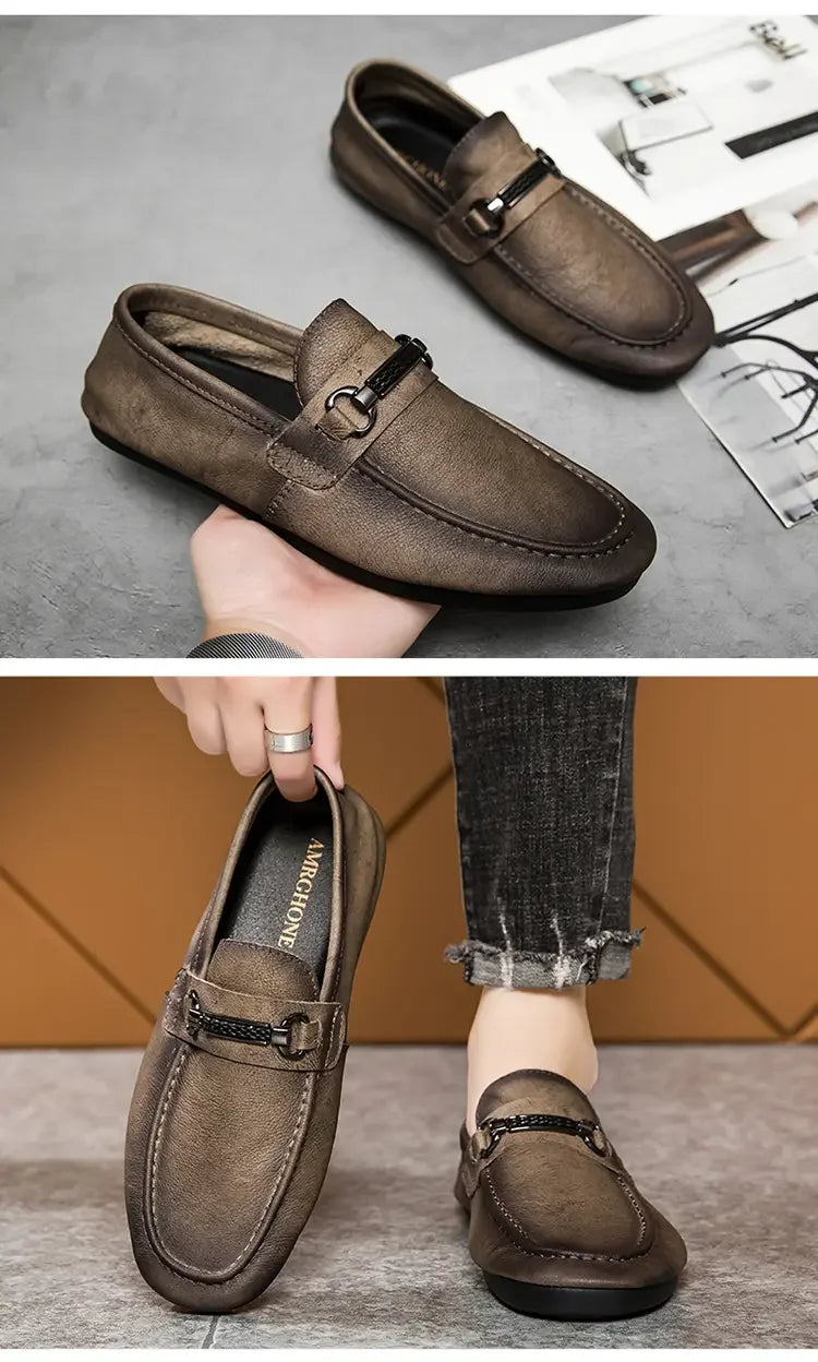 Breathable men's casual shoes in spring and summer leisure trend retro horse-bit buckle bean shoes fashion set foot pedal.